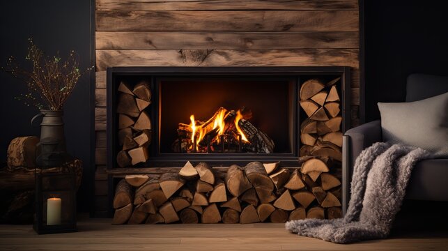 Fototapeta Decorative fireplace with stacked wood in cozy living room interior