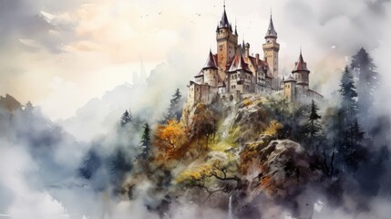 Obraz na płótnie Canvas Generative AI A picturesque, fog-covered castle on a hilltop. landscape watercolor