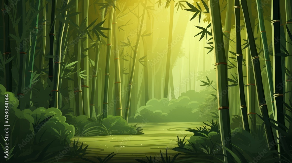 Poster generative ai a serene bamboo forest with tall stalks and filtered sunlight. vector cartoon graphic