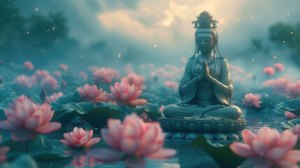Serene Guanyin Buddha Amidst Lotus Flowers at Dusk. - obrazy, fototapety, plakaty