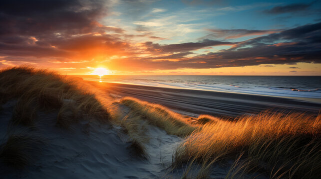 View from dune top over sunset in North Sea