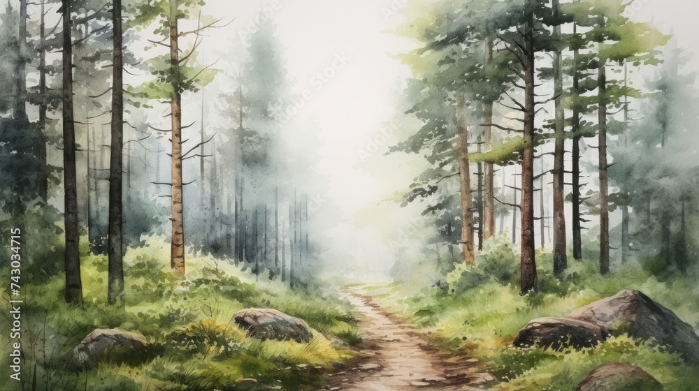 Poster generative ai a serene, mist-covered forest with tall trees and a hidden path. landscape watercolor