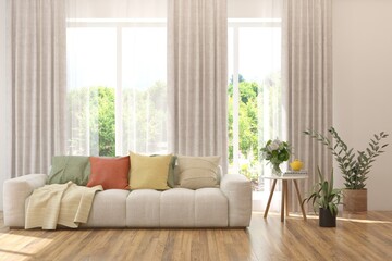 White living room with sofa and summer landscape in window. Scandinavian interior design. 3D illustration