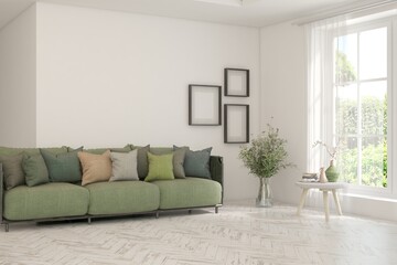 Fototapeta premium White living room with sofa and summer landscape in window. Scandinavian interior design. 3D illustration