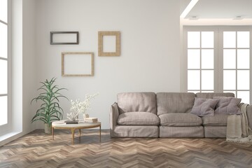 Fototapeta premium Interior design of modern apartment. Interior mockup. Scandinavian interior design. 3D illustration