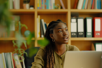 African American woman concentrating on her laptop in a well-organized home library environment.
