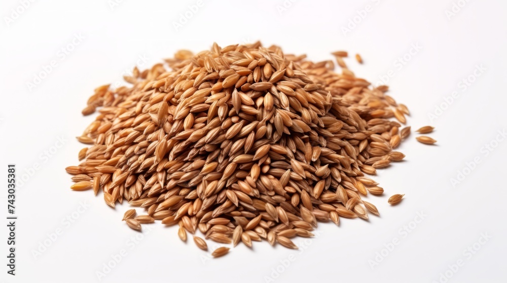 Poster a small pile of spelt grains showcased in a close-up realistic photo against a white background gene