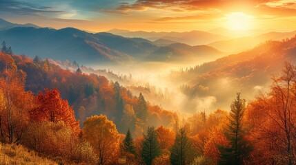 Fototapeta na wymiar Foggy autumn dawn in the mountains