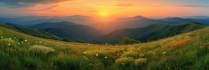 Summer sunset over a mountain meadow