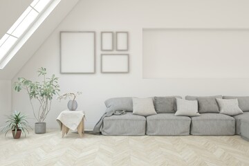 Fototapeta premium White living room with sofa. Scandinavian interior design. 3D illustration