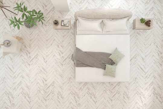 Top view of white bedroom concept. Scandinavian interior design. 3D illustration