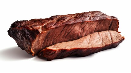 A tender beef brisket piece showcased in a close-up realistic photo against a white background Generative AI