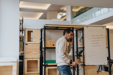 Fototapeta premium Walking briskly in the contemporary office space, the businessman engages in a phone call, skillfully navigating the deal with determination and business acumen.