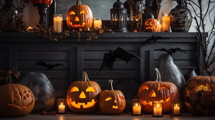 Interior of the house decorated for Halloween pumpkins, webs and spiders
