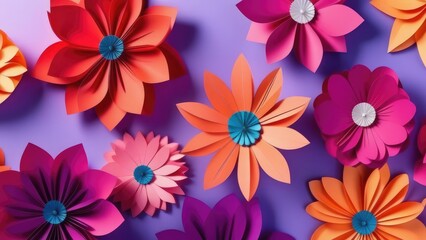 Background of colorful paper flowers with empty space for text or greeting card design. Postcard for International Women's Day and Mother's Day.