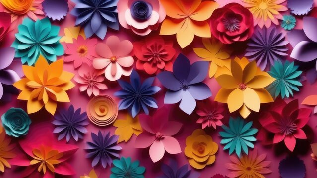 Background of colorful paper flowers with empty space for text or greeting card design. Postcard for International Women's Day and Mother's Day.