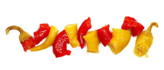 Hot, sour red and green pepperoni pepper isolated on white background, top view
