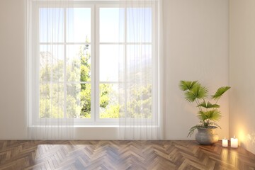 Fototapeta premium White empty room with summer landscape in window. Scandinavian interior design. 3D illustration
