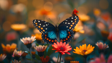 Obraz premium A butterfly, with vibrant flowers as the background, during the emergence of life