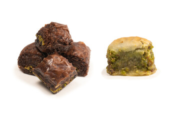 Turkish pistachio baklava isolated on white background.