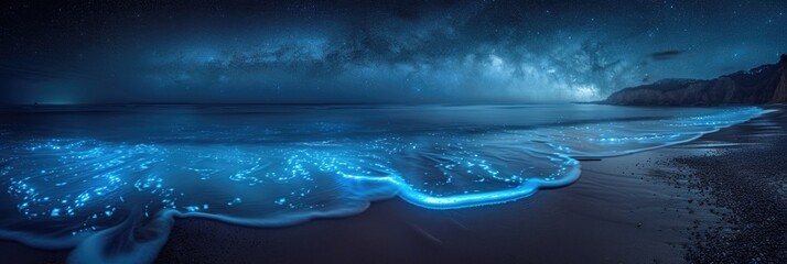 Bioluminescent waves on a tropical beach