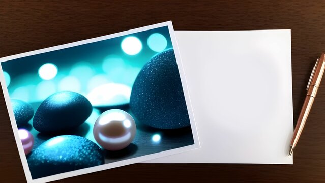 greeting card with pearl photo, white paper and pen