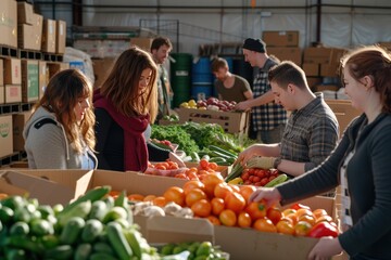 Group of volunteers at local food warehouse Selecting ingredients for cooking
