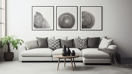 Patterned pillows on grey corner sofa in apartment interior with posters and pouf. Real photo