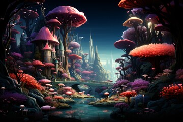 Various types of mushrooms are depicted in this painting - Powered by Adobe