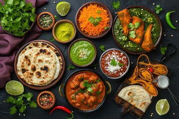 Various Indian food on dark rural background Delicious Indian food - obrazy, fototapety, plakaty