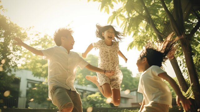 Rear view of joyful happy Asian family jumping together at outdoor park