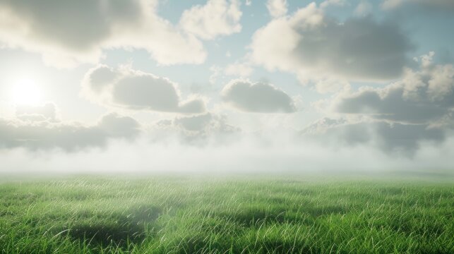 Beautiful grass background with ground mist and clouds