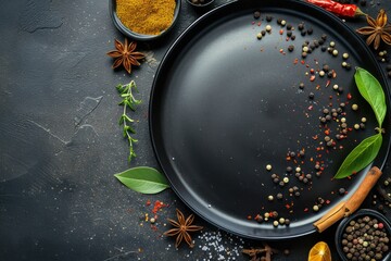 top view mockup of food photo with empty black plate and spices