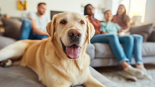 Cute pet dog relaxing at home with group of friends sitting on sofa in living room, close-up