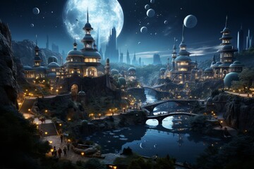 a futuristic city at night with a full moon in the background