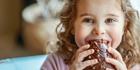 A child, eyes alight with joy, delicately savors a chocolate Easter egg,  - obrazy, fototapety, plakaty