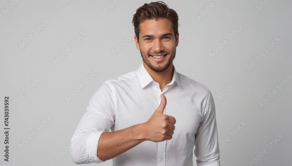 Wall mural a professional young man with a warm smile gives a thumbs up, dressed in a formal white shirt for a 