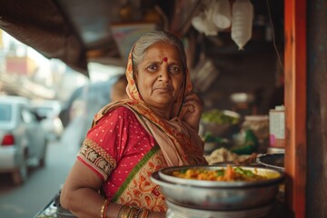 middle aged indian woman standing with street food truck