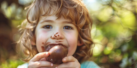 A child, eyes alight with joy, delicately savors a chocolate Easter egg, 