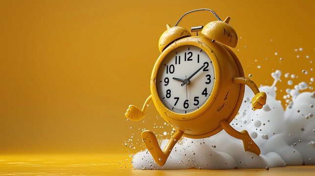 Vintage wake up clock character with two legs and arms.