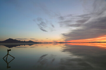 Sunrise at Bonneville Salt Flats with spectacular water reflections near Wendover  Utah Unit4ed States