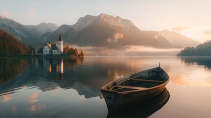 Sunrise lake in Austria, boat, mountains, church, landscape, nature - obrazy, fototapety, plakaty