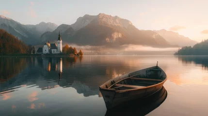 Fototapeten Sunrise lake in Austria, boat, mountains, church, landscape, nature © venusvi