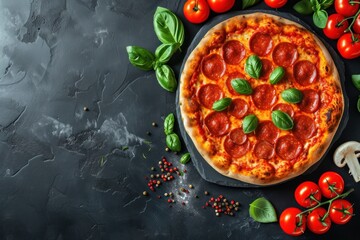 asty pepperoni pizza and cooking ingredients tomatoes basil on black concrete background. Top view of hot pepperoni pizza. With copy space for text. Flat lay. - obrazy, fototapety, plakaty