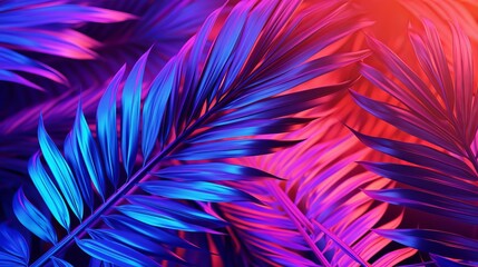 Tropical and palm leaves in vibrant bold gradient holographic colors. Concept art. Minimal surrealism