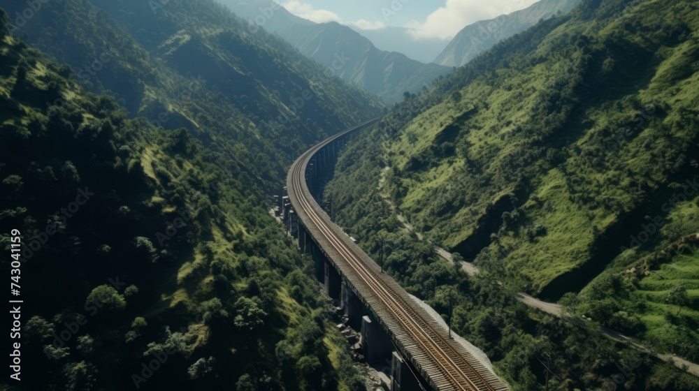 Poster Generative AI Aerial shots of a snaking railway line traversing through rugged mountain passes, showcasing breathtaking scenic views.