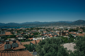 Fototapeta na wymiar Aerial view of Fethiye landscape and cityscape. View from top. Fethiye, Mediterranean sea, Turkey.