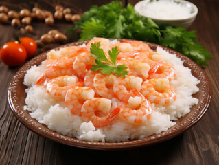 Boiled shrimps with rice and parsley on wooden table