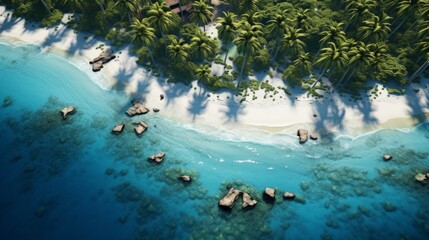 Generative AI Aerial view of a tropical island adorned with lush palm trees, surrounded by crystal-clear turquoise waters and white sandy beaches.
