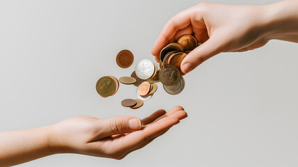 Une main dépose des pièces dans l'autre, illustrant l'acte de donner de l'argent.